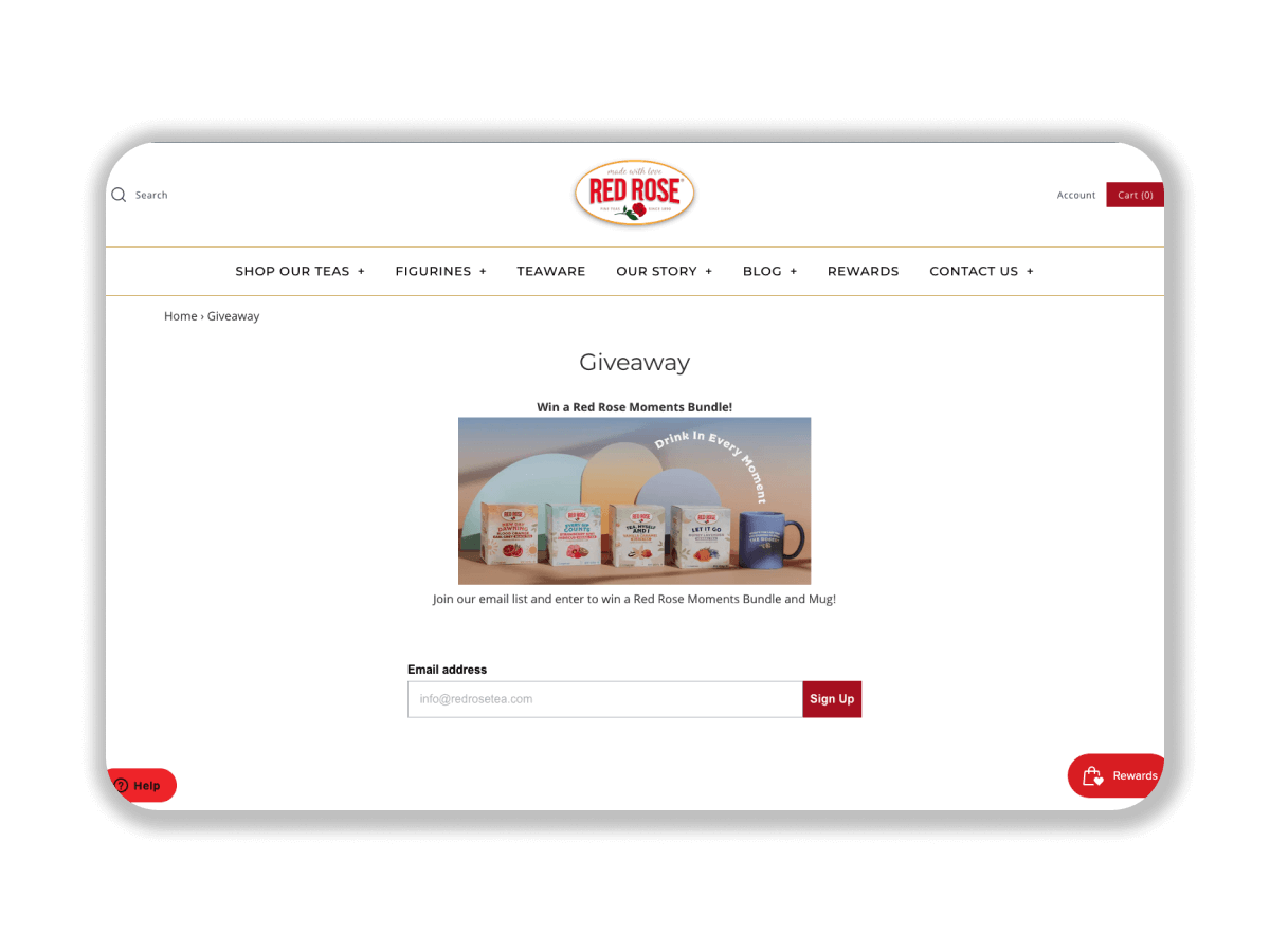 screenshot of red rose tea website with a giveaway utilizing a klaviyo signup form
