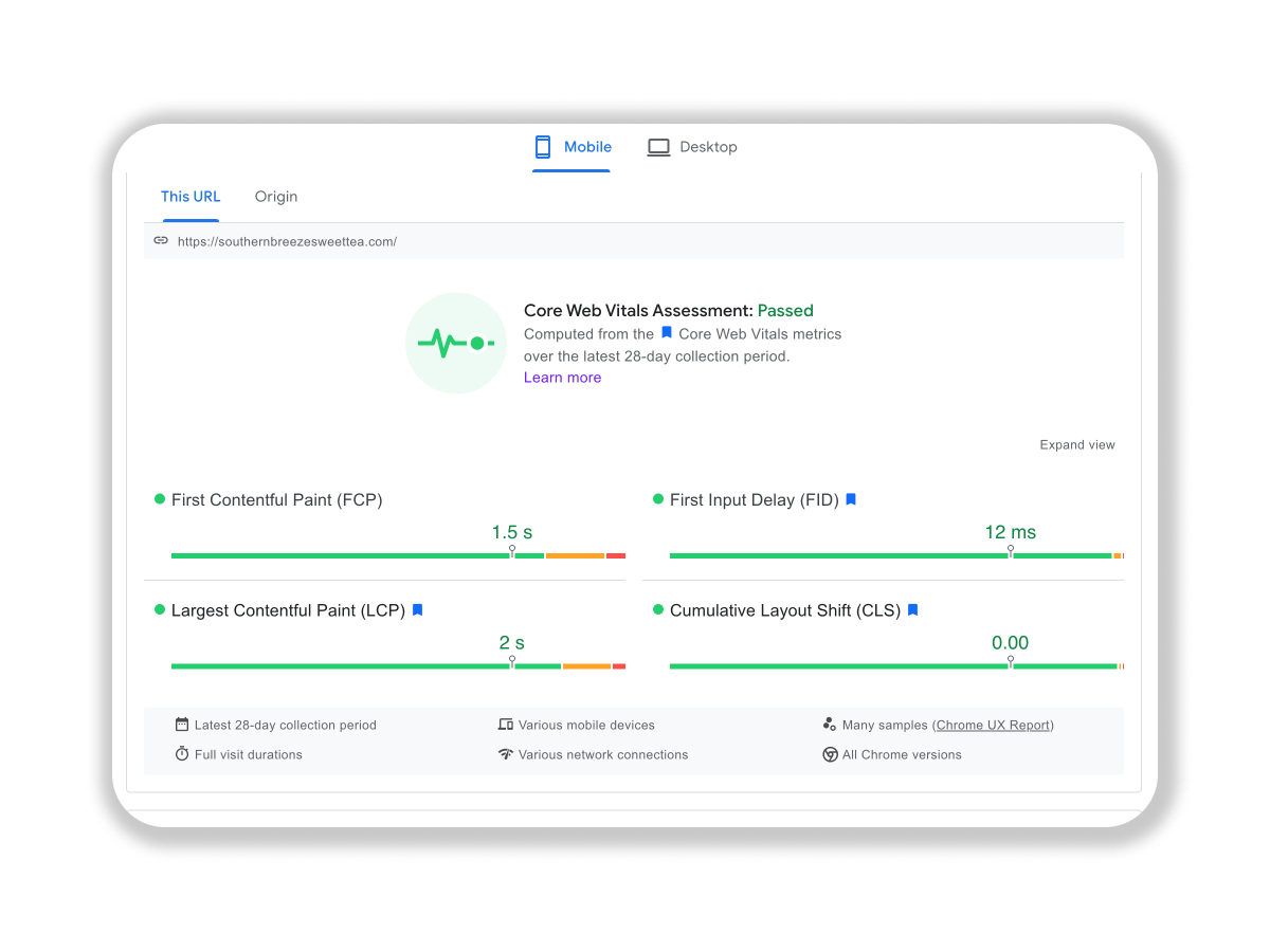 core web vitals screen shot showing a passed score