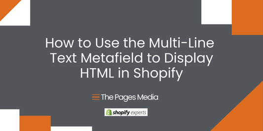 Gray background with orange and white boxes with lettering, "How to use the Multi-Line Text Metafield to Display HTML in Shopify." with text logos of The Pages Media & Shopify experts