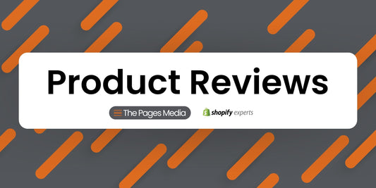In black text with white background: Product Reviews with text logo The Pages Media and Shopify Experts, with a gray and orange lined background.
