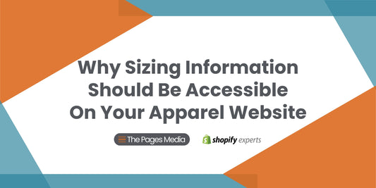 Orange, teal and white geometric background with text, "Why Sizing Information Should be Accessible On Your Apparel Website" with text logo The Pages Media and Shopify Experts.