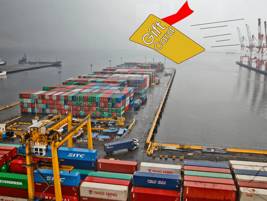 cartoon gift card with a cape flying over a shipping yard container