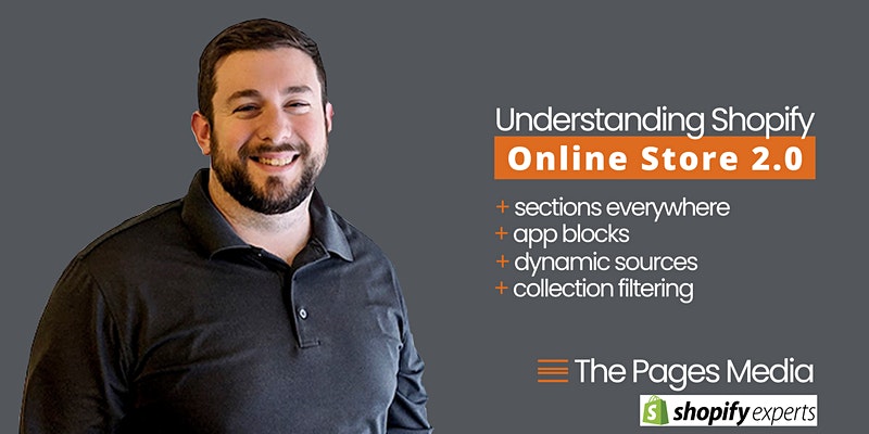graphic for understanding shopify online store 2.0 webinar with taylors picture and text that reads title and mentions sections everywhere, app blocks, dynamic sources, and collection filter