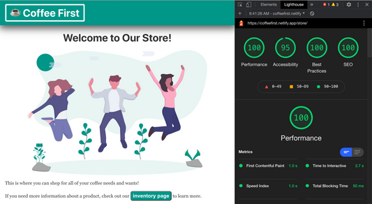screenshot of coffee first website with lighthouse scores next to it