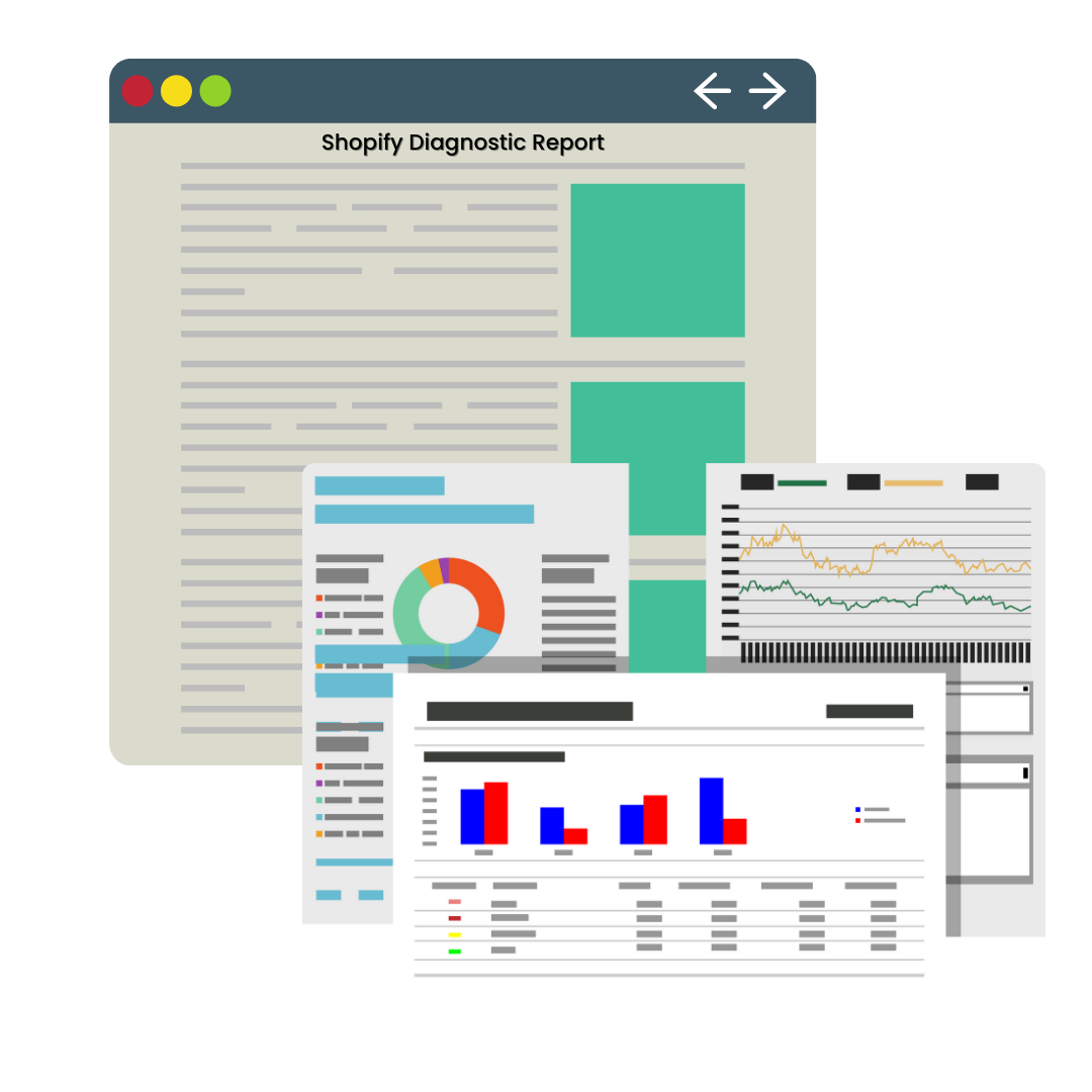reports with text, bar graphs, pie charts, and line graphs