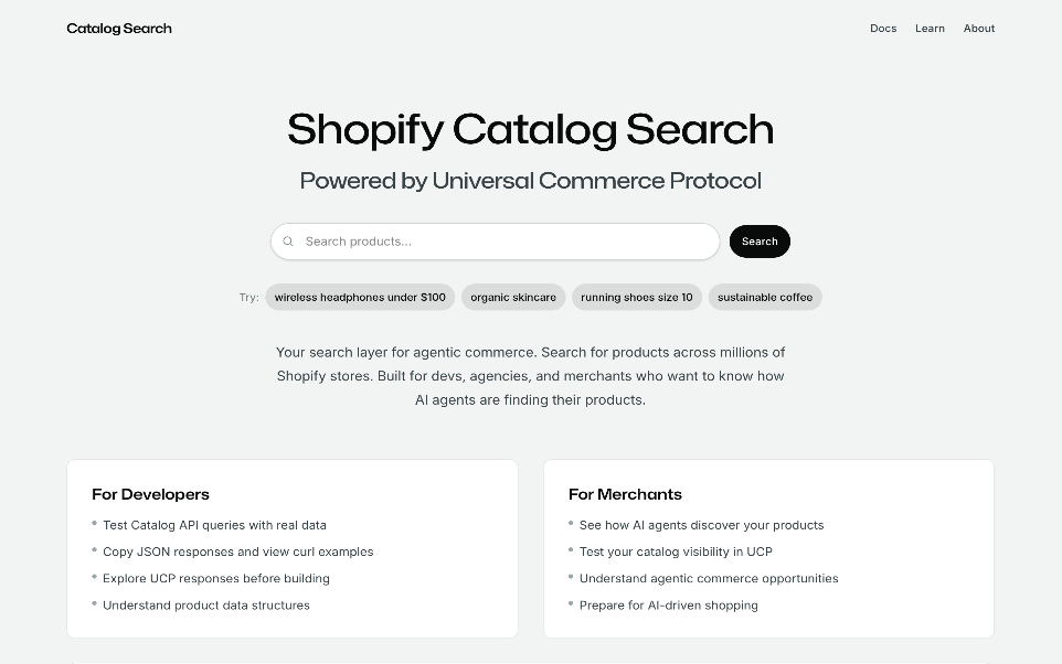 Shopify Catalog Search interface with search bar and navigation options on a white background