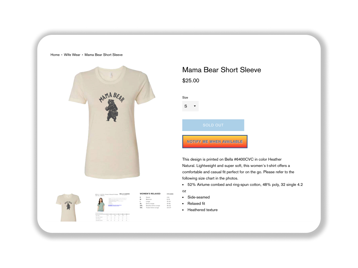 product display page of mama bear short sleeve tshirt with notify me when available button for sold out item